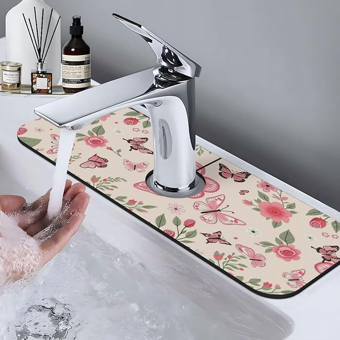 Butterfly Floral 15" X 5.5" Kitchen Sink Splash Guard, Faucet Guard Draining Mat, Faucet Suction Pad For Kitchen Bathroom
