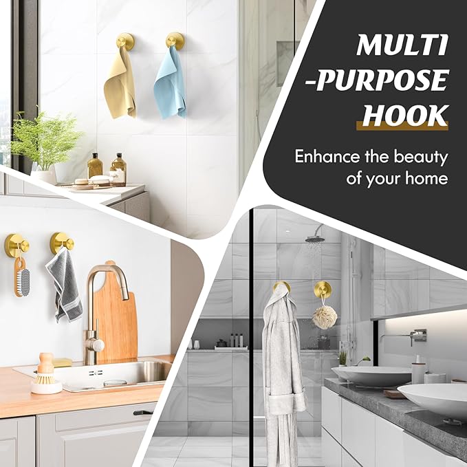 Suction Cup Hooks for Shower,Removable Shower Towel Suction Hooks for Bathroom Wall,Kitchen,Glass,Mirror,Tile to Hang Robes,Loofah-Gold(2-Pack)