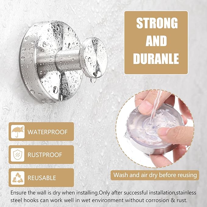 Towel Hook Shower Suction Hooks Towel Hanger for Bathroom Hanging Coat, Robe, Removable Wall Mounted Hook for Bedroom Kitchen Hotel Pool Brushed Nickel(2-Pack)