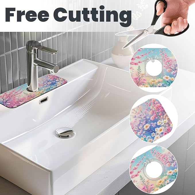 Charming Floral Garden 15" X 5.5" Kitchen Sink Splash Guard, Faucet Guard Draining Mat, Faucet Suction Pad For Kitchen Bathroom