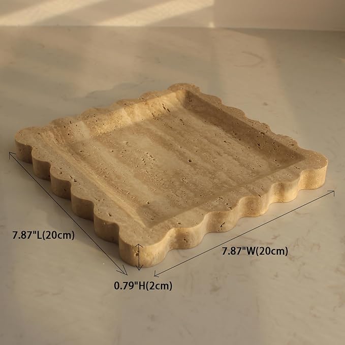 Natural Luxury Marble Tray with Scalloped Edge, Handmade Square Decorative Tray, Catch All Tray for Counter, Dresser, Nightstand and Home Décor (Beige Travertine)