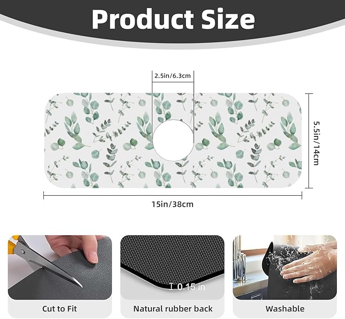 Watercolor Sage Green Grass Leaves Kitchen Sink Splash Guard Faucet Mat Super Absorbent Fast Drying Mat Sink Gadgets-Fast Drying Pad Sink Mat For Kitchen Bathroom (15" X 5.5" )