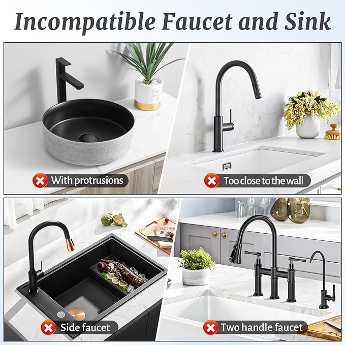 PoYang 14.6 inch Faucet Mat for Kitchen Sink Splash Guard, 7° Slope Silicone Sink Water Splash Guard for Kitchen Sink Area with Snap Button, Small Sink Protectors for kitchen Sink Sponge Holder, Black