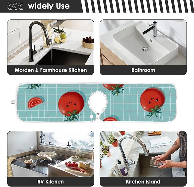 Sink Faucet Absorbing Mat Kitchen Sink Splash Guard Splash Faucet Drip Catcher for Bar RV Bathroom 2PCS 23.6x5.5in Green Grid Cute Tomato