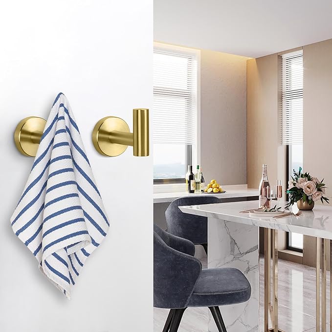 NearMoon Bath Towel Hooks- SUS 304 Stainless Steel Robe Hook Holder, Heavy Duty Coat Hook for Bathroom Livingroom Hotel Kitchen Garage, Wall Mounted (Brushed Gold, 8 Pack)