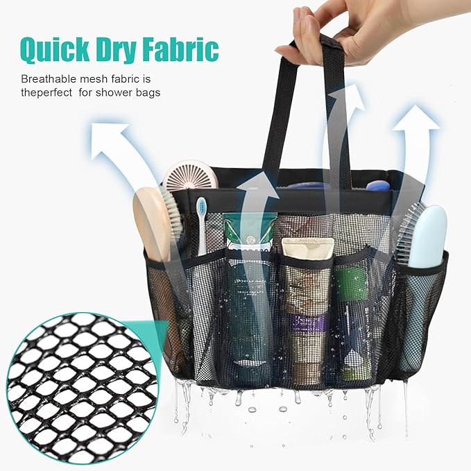 Mesh Shower Caddy Portable for College Dorm Room Essentials organizer, 8-Pocket Large Capacity, Quick Dry Shower hanging Caddy Dorm Basket for Bathroom Beach, Toiletry,Swimming, Gym,Camping (Black)