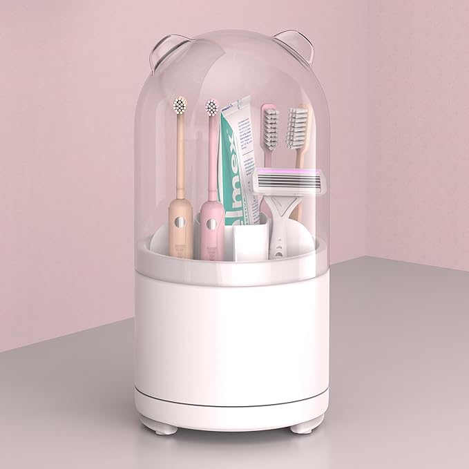 White Toothbrush Holders for Bathroom, Kids Rotating Electric Tooth Brush Holder with Lid, Cute Bathroom Toothpaste and Toothbrush Storage Sink Caddy Organizer Countertop Accessories