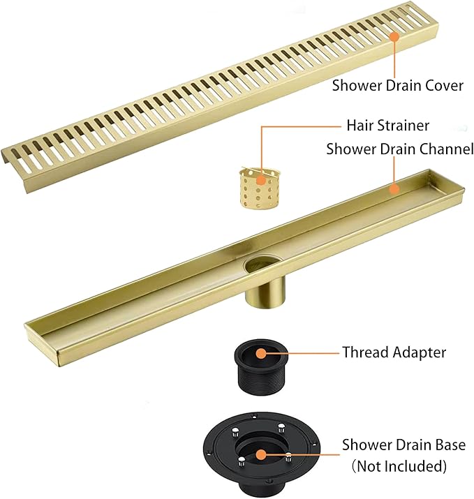 12 Inch Linear Shower Drain Bathroom Kitchen Golden Floor Drain Removable Capsule Pattern Cover Accessories Shower Drain 304 Stainless Steel Drain with Hair Strainer Adjustable Leveling Feet