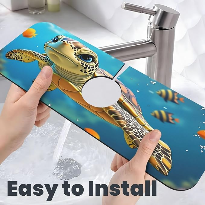 Turtle Ocean Life 15" X 5.5" Kitchen Sink Splash Guard, Faucet Guard Draining Mat, Faucet Suction Pad For Kitchen Bathroom