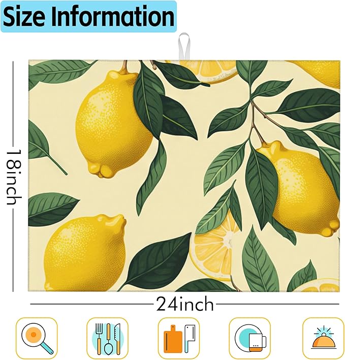 Large Dish Drying Mat for Kitchen Counter,18"X24" Lemons and Green Leaves Absorbent Reversible Microfiber Dish Drying Mat Dish Drainer Mat,Dishes Mat Drying Pad for Kitchen Countertop Coffee Bar