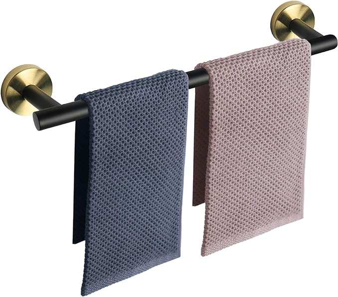 NearMoon Bath Towel Bar, Thicken Stainless Steel Shower Towel Rack Holder Wall Mounted for Bathroom, 24-lnch Overall Length-21-lnch Usable Hanging Space (1 Pack, Matte Black & Gold)