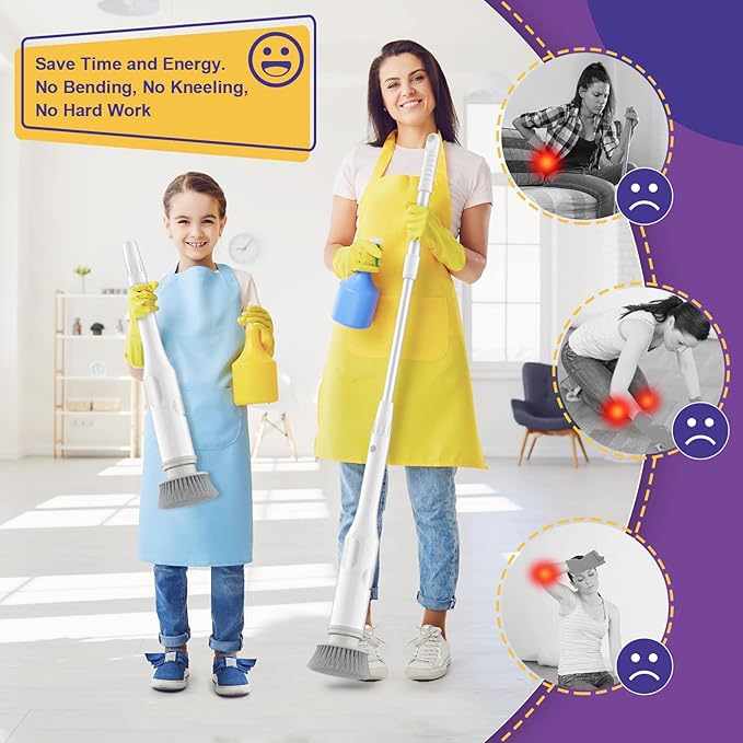 Electric Spin Scrubber, Cordless Cleaning Brush, Shower Cleaning Brush with 5 Replaceable Brush Heads, Power Scrubber 3 Adjustable Speeds, Adjustable & Detachable Long Handle