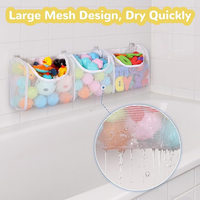 Bath Toy Storage, Large Capacity 3 Compartments Bathtub Toy Storage, Opening Bath Tub Toy Holder Organizer, Mesh Shower Caddy for Kids Baby Bathroom Toy