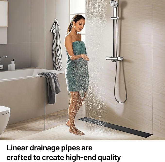 Linear Shower Drain, 304 Stainless Steel with Adjustable Leveling Feet, Hair Strainer,Reversely Install Place to Create an Invisible Floor Drain - Black -60-Inch