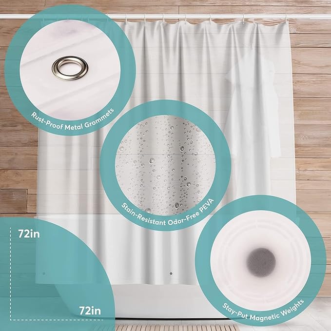 BigFoot Shower Curtain Liner – 36 x 72 PEVA Premium Shower Curtain with Rustproof Metal Grommet and 2 Magnetic Weights – Odor Free and Compatible with Standard Showers, Clear