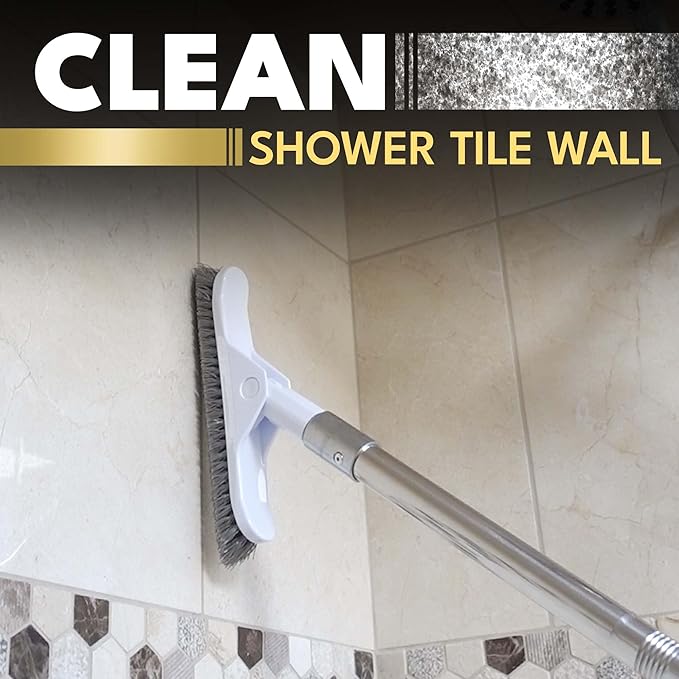 The Crown Choice Grout Brush with Long Handle - Heavy Duty Cleaner & Grout Scrubber Tool - Deep Cleaning Hard Wood, Tile, Floors - Silver Bristles & Stainless Steel - Silver Handle
