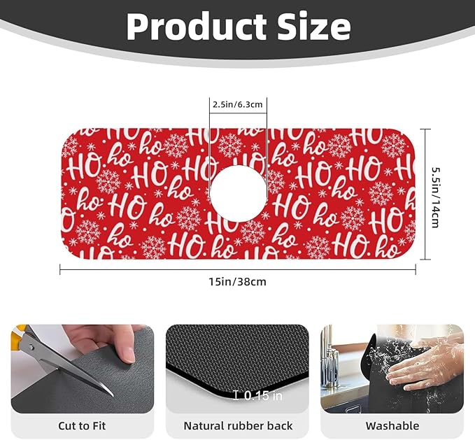 Christmas Snowflake Ho Red Buffalo Plaid Kitchen Sink Splash Guard Faucet Mat 1 Pcs, Absorbent Fast Drying Mat Gadgets Splash Guard For Bathroom 15 X 5.5 Inches