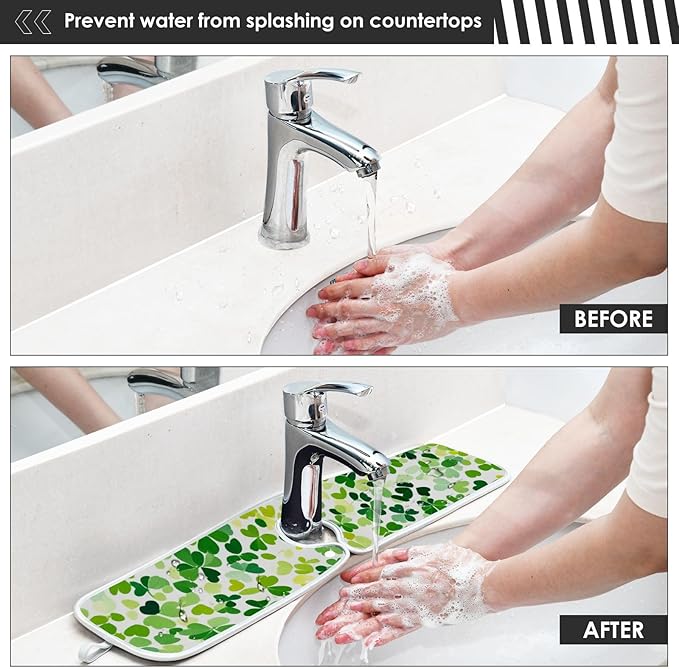 2 PCS Kitchen Sink Splash Guard 30 Inch Faucet Mat for Kitchen Sink Bathroom Sink Faucet Absorbing Drip Drain Mat Pad Microfiber Soft Washable Green St Patrick Clovers