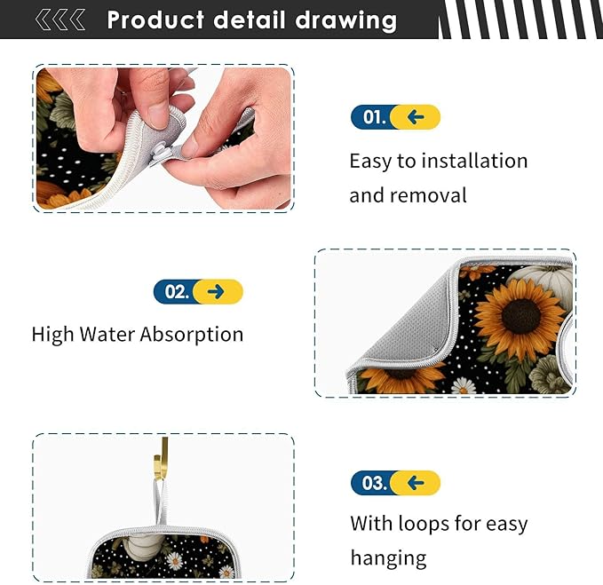 2 PCS Kitchen Sink Splash Guard 23.6 Inch Faucet Mat for Kitchen Sink Bathroom Sink Faucet Absorbing Drip Drain Mat Pad Microfiber Soft Washable Black Autumn Pumpkins Flowers Maples