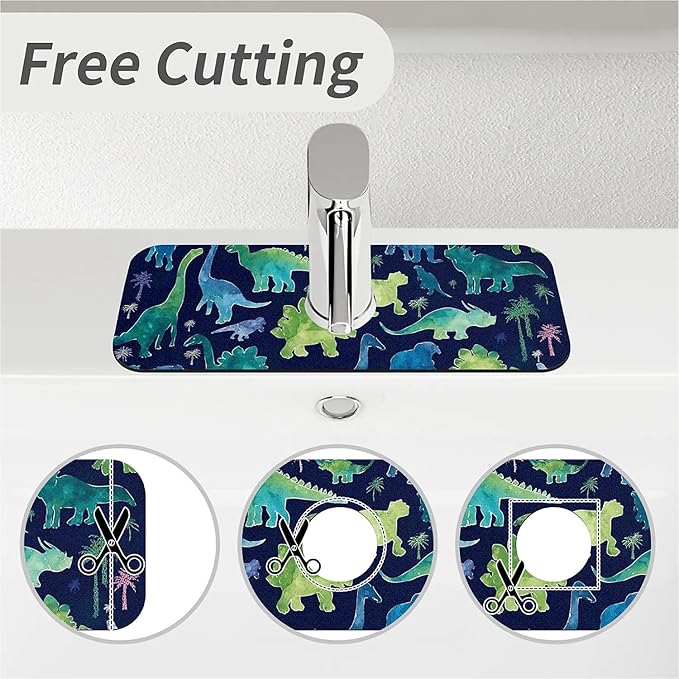 Kitchen Sink Splash Guard，Watercolor style dinosaurs Faucet Mat Sink Gadgets-Super Absorbent Fast Drying Mat Drip Catcher for Kitchen, Bathroom,Sink Mat, Dish Drying Mat, Bathroom(15" X 5.5" )