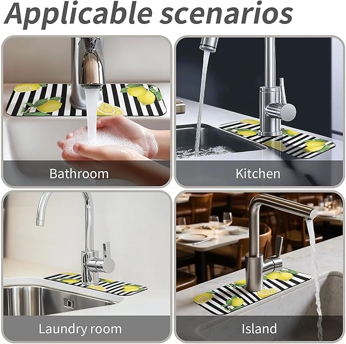 Kitchen Sink Splash Guard，Lemon-and stripes Faucet Mat Sink Gadgets-Super Absorbent Fast Drying Mat Drip Catcher for Kitchen, Bathroom,Sink Mat, Dish Drying Mat, Bathroom(15" X 5.5" )