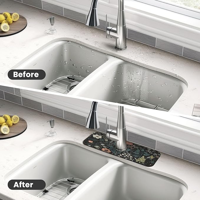 Botanical Floral 15" X 5.5" Kitchen Sink Splash Guard, Faucet Guard Draining Mat, Faucet Suction Pad For Kitchen Bathroom