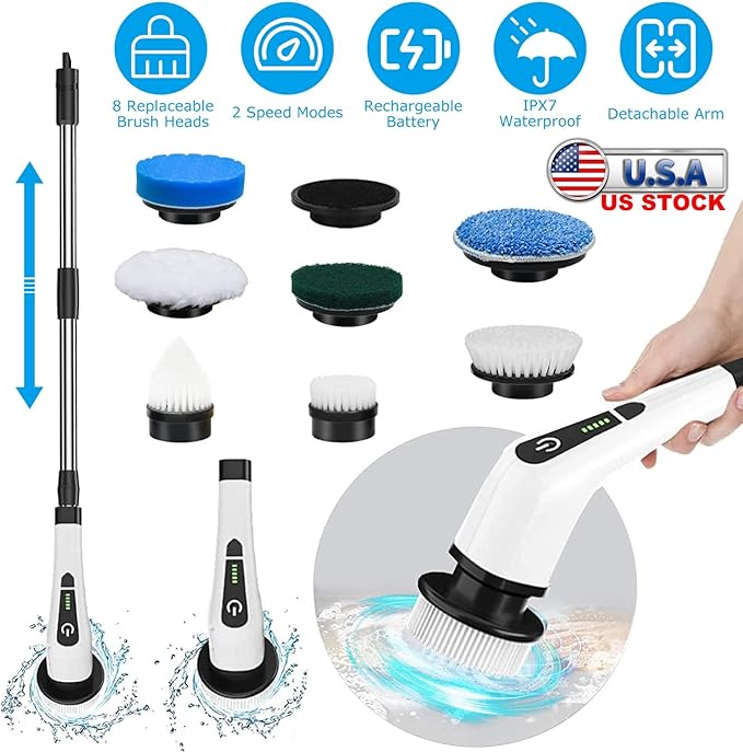 Electric Spin Scrubber, Cordless Telescopic Rechargeable Cleaning Brush, 8 Replaceable Heads, 2 Speed Adjustable for Bathroom & Floor
