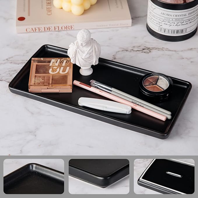Bathroom Tray countertop 10" Set of 2, Ceramic Vanity Tray,Organizer Tray,Kitchen soap Tray (Black)