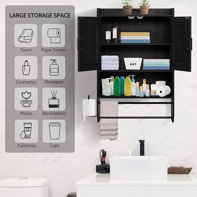 Bathroom Wall Cabinet, Wooden Medicine Cabinet Over the Toilet with Adjustable Inner Shelf, Wall Mounted Cabinet with Doors for Bathroom Storage, Hanging Cabinet for Wall with Towels Bar (Black)