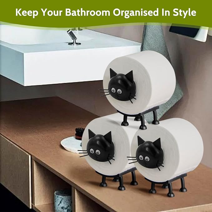 Cat Toilet Roll Holder: Tissue Paper Roll Storage Stand - 3D Printed Black Cat Loo Roll Holder - Toilet Paper Holder Bathroom Set for Bathroom Shelf Housewarming Gift Bathroom Decor (Cat-3Pcs)