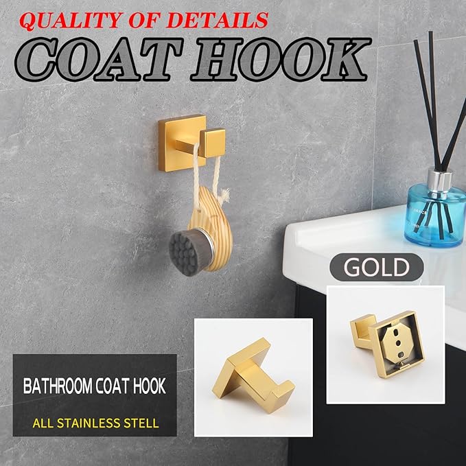 GERZWY Bathroom Hardware Accessories Sets Stainless Steel 3-Pieces - Robe Hook Toilet Paper Holder Towel Ring (Black & Gold) FG16567-3BD