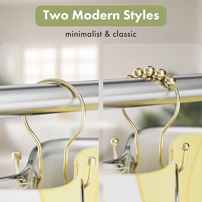 AmazerBath Shower Curtain Hooks, Shower Curtain Rings with Cylindrical Design, Light Gold Shower Curtain Hooks Rust Proof, Metal Double Hook Shower Hooks for Shower Curtain