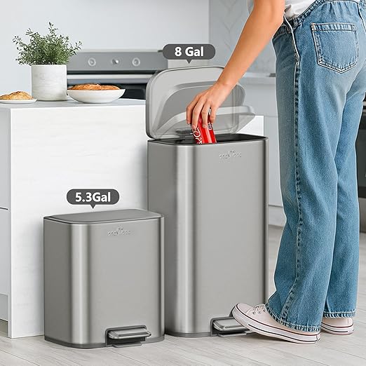mVm 8 Gal Kitchen Trash Can, Step Trash Can with Lid, Smooth Edge Garbage Bin for Home Office (Tin)