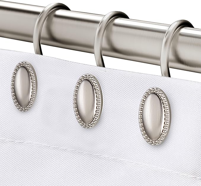 Brushed Nickel Shower Curtain Hooks, Decorative Shower Curtain Rings, Rust Resistant Metal Shower Hooks for Bathroom, Rust Proof Shower Hooks Hangers for Shower Curtain Rod, Set of 12