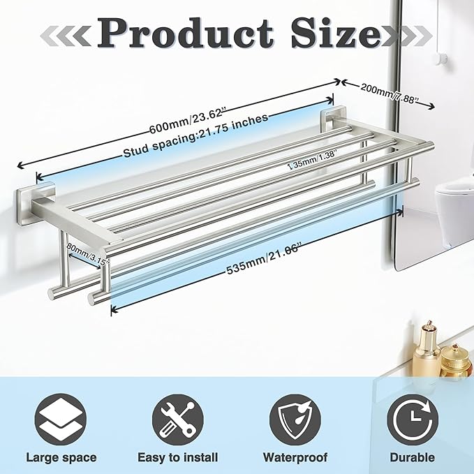Alise Double Towel Rack for Bathroom,24 Inch Bathroom Tower Holder Towel Shelf with Double Towel Bars Wall Mount,SUS304 Stainless Steel Towel Hanger Double Tower Bar for Bathroom Wall,Brushed Nickel