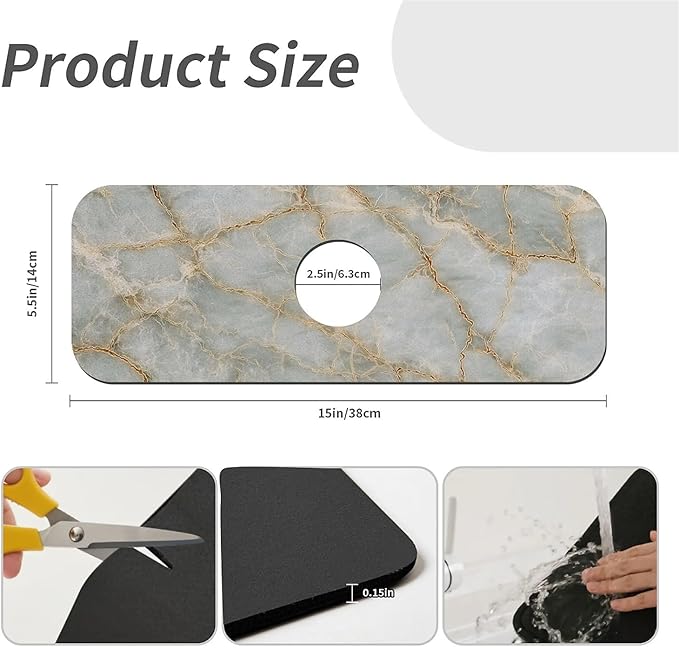 Kitchen Sink Splash Guard，Light gray marble Faucet Mat Sink Gadgets-Super Absorbent Fast Drying Mat Drip Catcher for Kitchen, Bathroom,Sink Mat, Dish Drying Mat, Bathroom(15" X 5.5" )