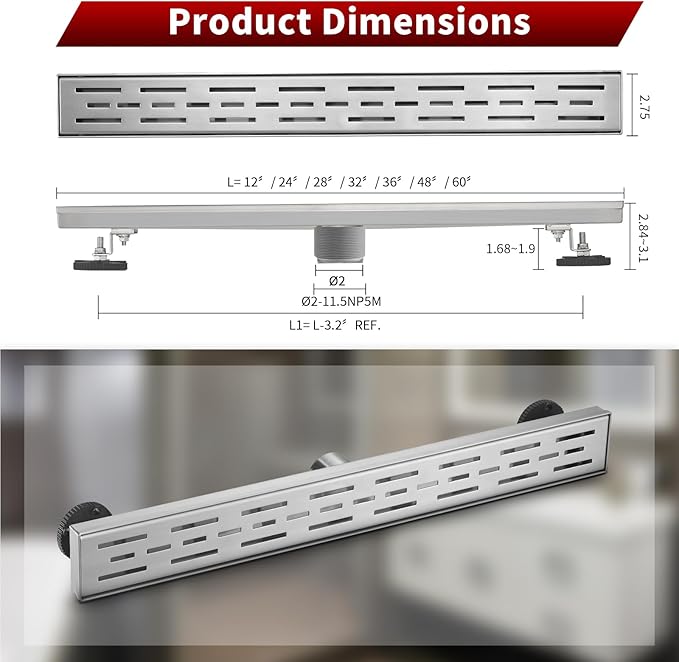 Sharp-tec Linear Shower Drain, 32 inch Shower Drain with Removable Pattern Cover, Brushed Nickel 304 Stainless Steel Rectangle Floor Drain, Adjustable Feet and Hair Strainer Included (Model 101)