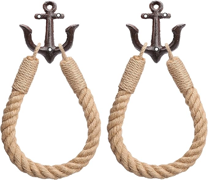 2 Pcs Nautical Toilet Paper Holder Rustic-Industrial Wall-Mounted Nautical Toilet Paper Towel Ring with Metal Hook for Bathroom Decor(Brown+Brown)