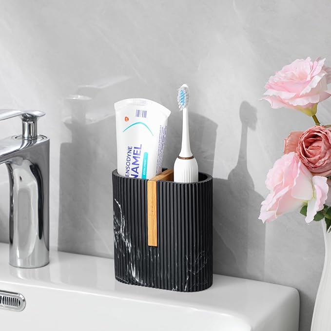 rejomiik Toothbrush Holders Electric Toothbrush Holder for Bathrooms, Bamboo Tooth Brushing and Toothpaste Storage Organizer for Sink, Countertop, Marble Black