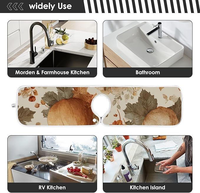 Sink Faucet Absorbing Mat Kitchen Sink Splash Guard Splash Faucet Drip Catcher for Bar RV Bathroom 2PCS 30x5.5in Orange Thanksgiving Vintage Pumpkin