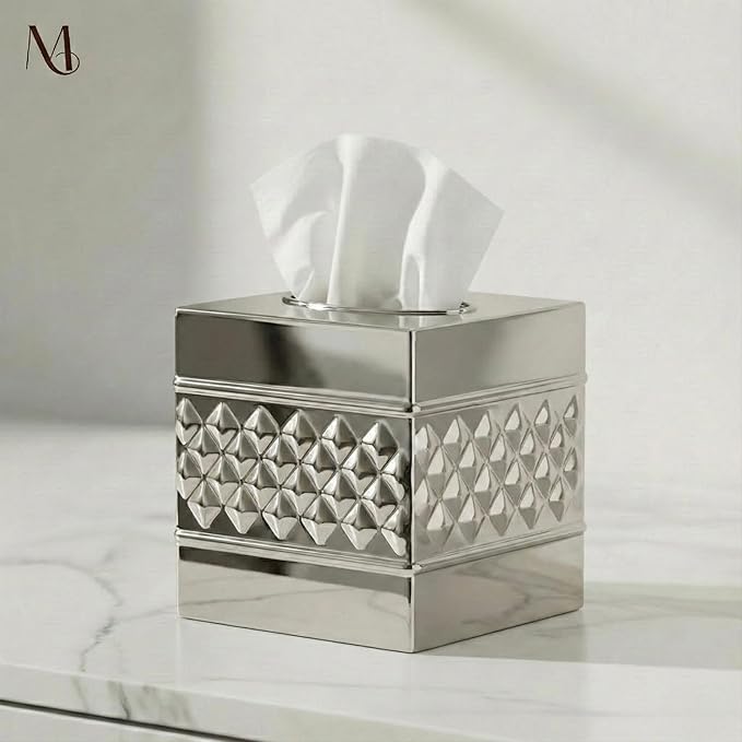 Monarch Abode Tissue Box Cover Square – Handcrafted Geo Embossed Nickel Chrome Finish Metal Tissue Holder Box for Bathroom Accessory, Aesthetic Decorative Facial Napkin Cube for Modern Home Decor