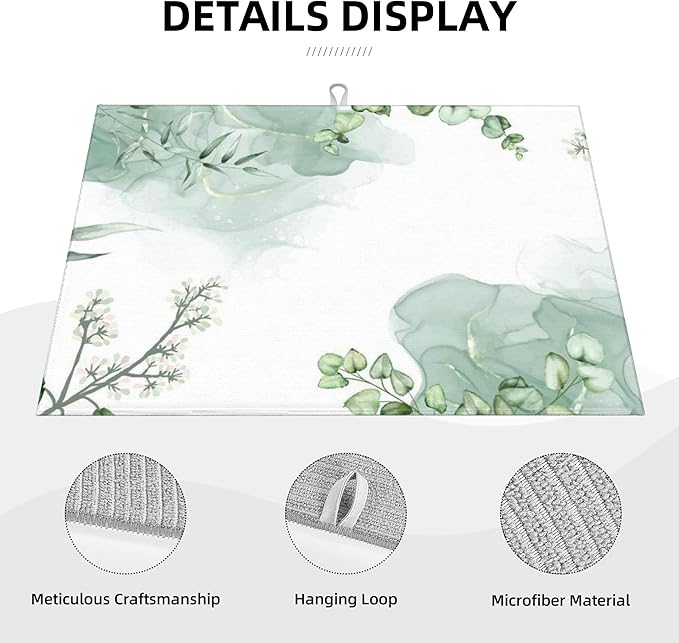 Watercolor Green Leaf Floral Dish Drying Mat for Kitchen Counter, 18"x24" Microfiber Absorbent Fast Dry Mat, 2Pcs Dish Mat Faucet Mats Sets, Large Drying Kitchen Mat Kitchen Drying Pad