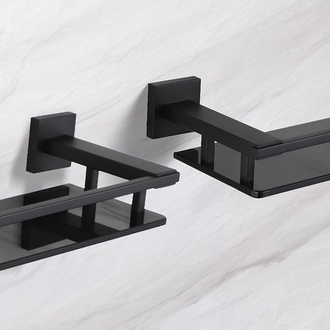 LANC Black Bathroom Shelves Glass Shelf 20-Inch Floating Tempered Glass Shelf Rectangular Modern Stainless Steel Wall Mounted Shelves for Shower Bathroom Kitchen Organizers Accessories ，A7613AB