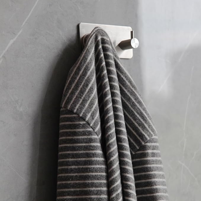 Self-Adhesive Brushed Nickel & Matte Black Towel Hooks - 2 Wall Mount Coat Hooks for Bathrooms & Showers