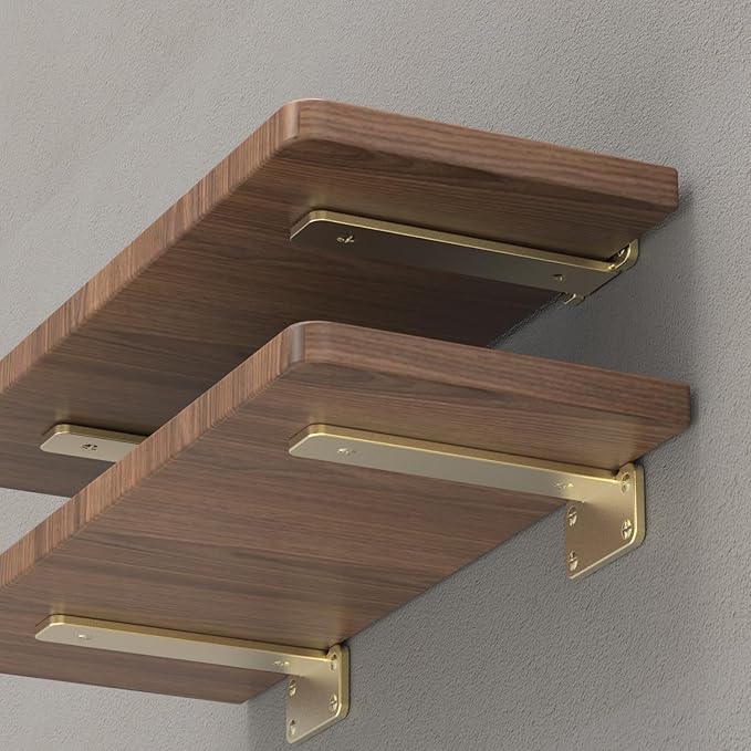 Floating Shelf Brackets Upgraded, 6 inch, Gold Heavy Duty Iron Shelf Brackets, Industrial Modern Floating Shelf Support for Wall Mount Shelves,Wide Brackets ,4 Pack, Support DIY(5mm Thickening Type).