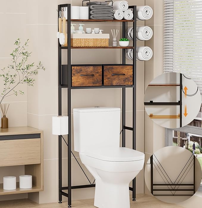 VITVITI Over The Toilet Storage Shelf, Above Toilet Bathroom Organizer with 2 Drawers, Adjustable Freestanding Toilet Storage with 3 Tier Towel Rack/4 Hooks, Farmhouse for Laundry Room (Brown)