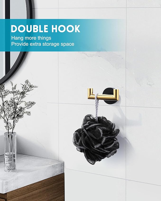 ALEASHA Shower Towel Hook Black Gold, Stainless Steel Towel Hanger, Heavy Duty Double Towel Hook, Towel Holder for Bathroom, Wall Mount Robe Hook