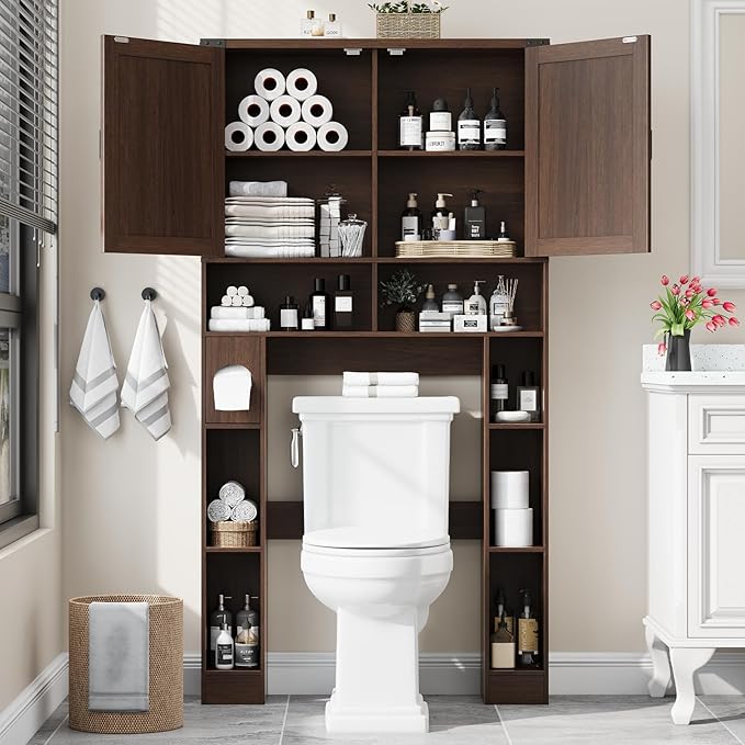 Vabches Over The Toilet Storage Cabinet, Farmhouse Storage Cabinet Over Toilet with 2 Barn Doors ，Toilet Paper Holder Stand，Home Space-Saving Toilet Rack, for Laundry, Restroom, Bathroom.Espresso.