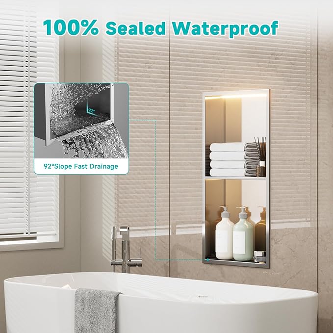 Stainless Steel LED Lights Shower Niche 12"x24" - No Tile Needed Double Shelves Recessed Wall Niche for Bathroom Storage, Brushed