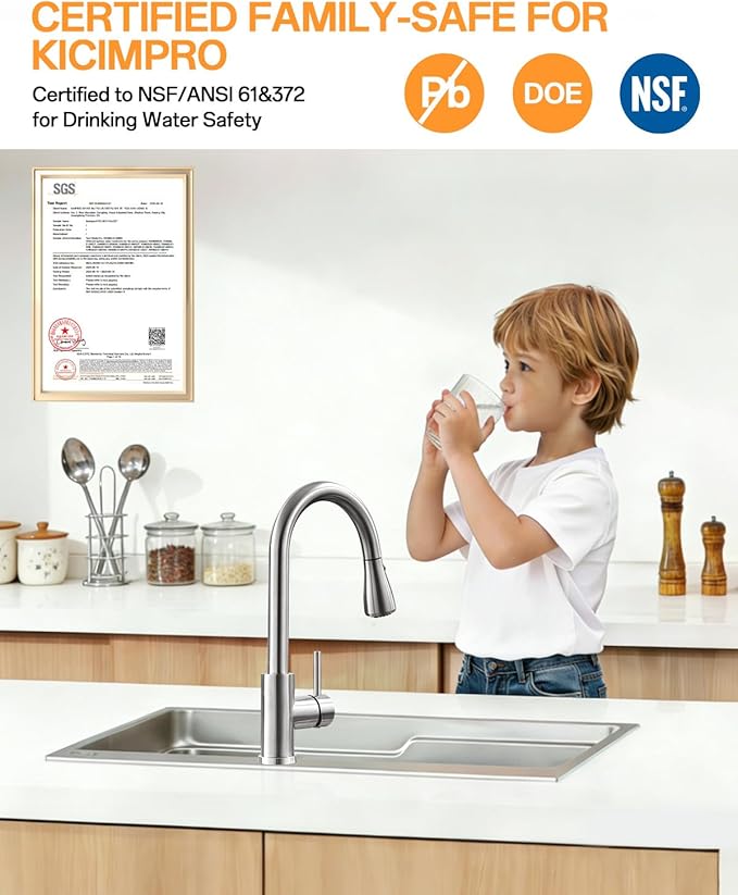 Kicimpro Kitchen Faucet with Pull Down Sprayer, Zero Leakage 3 Hole Brushed Nickel RV Kitchen Sink Faucet with Water Line, NSF Certified Lead-Free 304 Stainless Steel Pull Down Kitchen Faucet